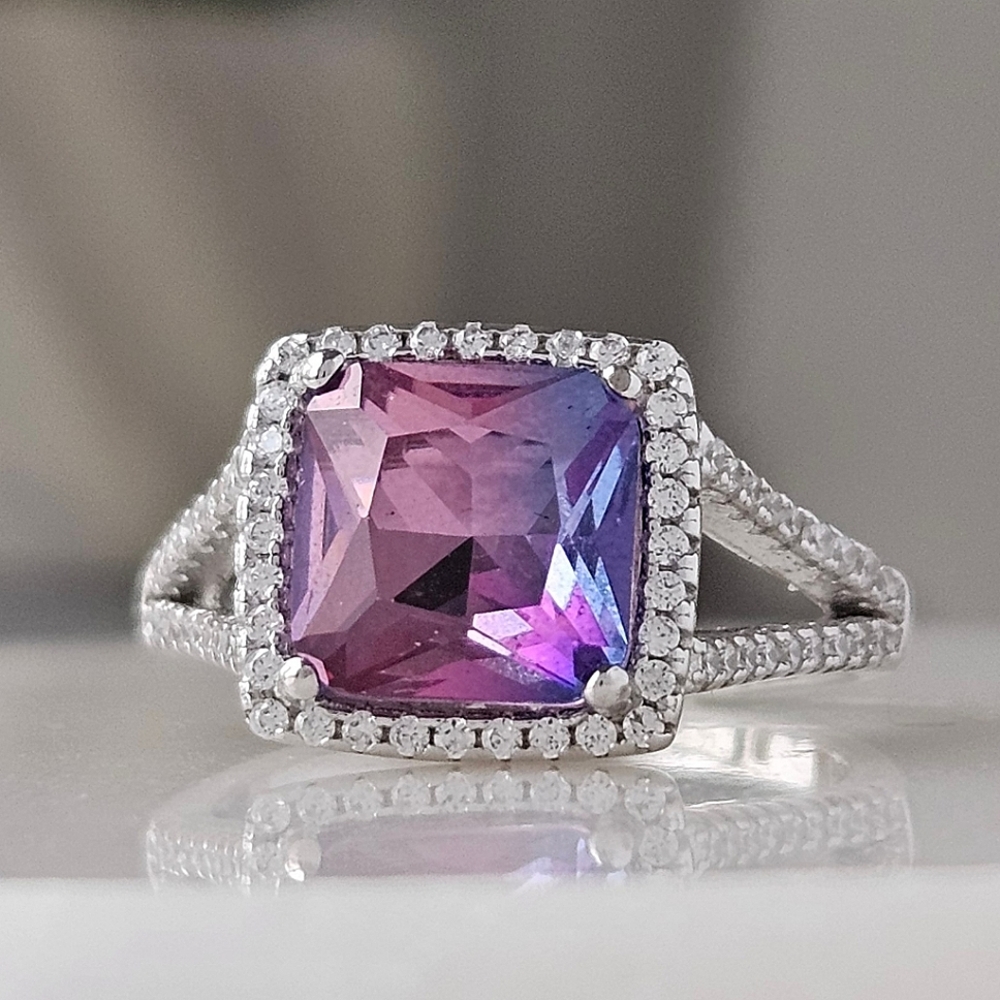 Pink & Purple Radiant Square Gemstone Ring, real 925 Sterling Silver